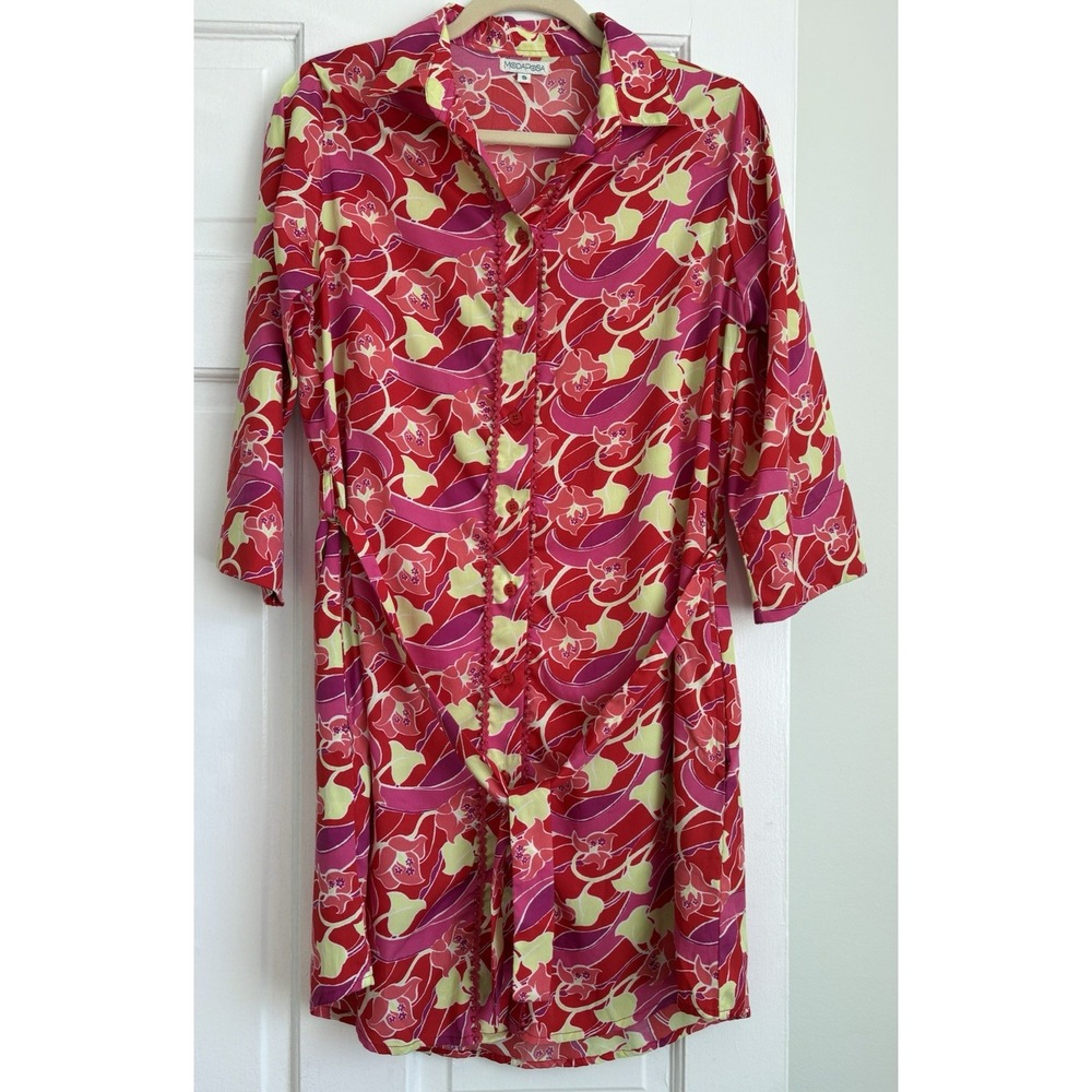 Modaposa Pink Red Floral Tropical Button Down Belted Shirt Dress Small